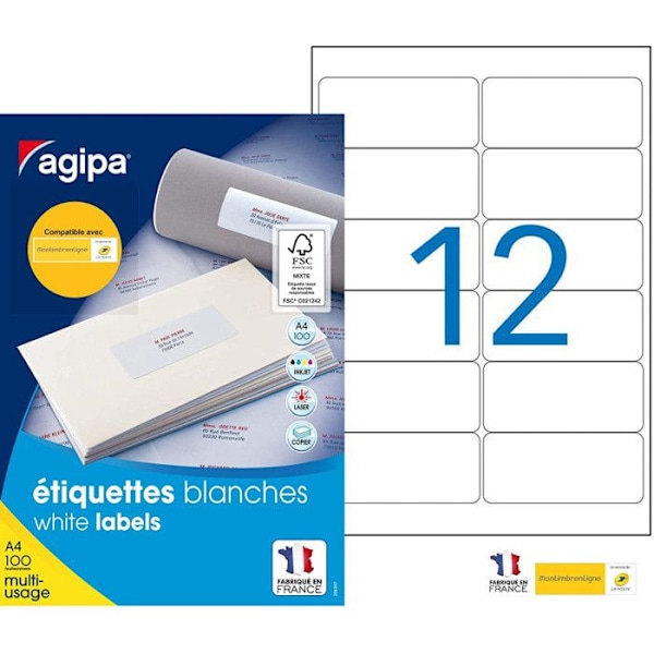 1200 Mina stämpeletiketter i vit linje A4 99,1 x 42,3 mm Agipa