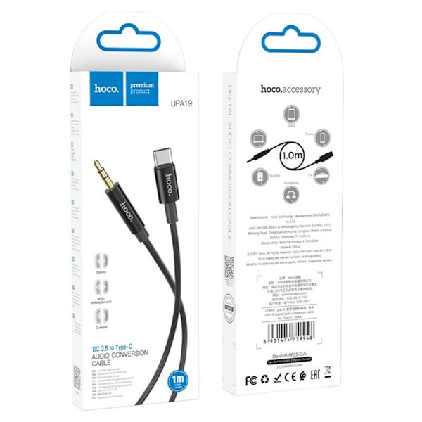 Typ-C till 3,5 mm ljudadapterkabel 1m - Hoco (UPA19) - Svart