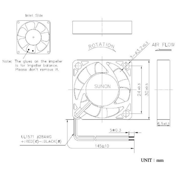 Sunon - MF30060V21000UA99 - 5 V DC 0,36 W 30 x 30 x 6 mm 6,3 m/h 7100 rpm 6,3 m/h