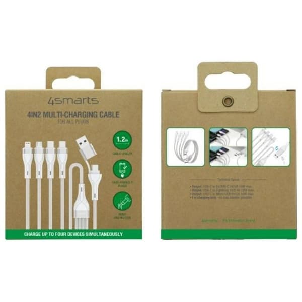 USB-kabel - 4SMARTS - 4 i 1 - USB-C/USB-A - 1,2 m - Laddning 3A Vit