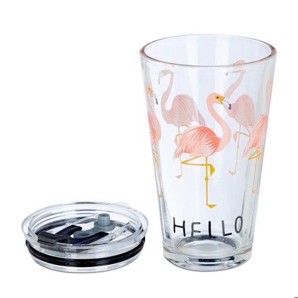 Relaxdays Glas med sugrör och lock, set om 4, mönster med flamingo, 450 ml, diskmaskinssäkra, transparenta Rosa