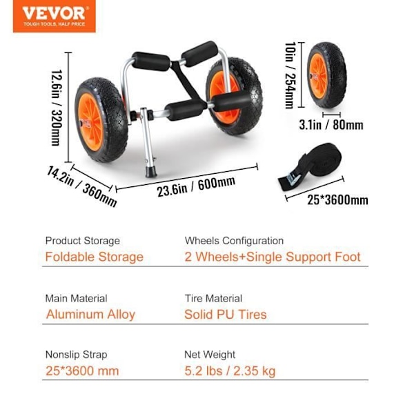 Kajakvagn -VEVOR - 113 kg Fällbar Kanottransportvagn - Heltäckande hjul 25,4 cm för kajaker kanoter