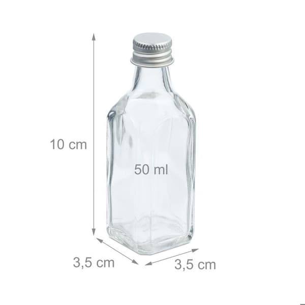 Relaxdays Mini glasflaskor, set om 30, små flaskor att fylla, 50 ml, skruvkork, transparent/silver transparent, silver