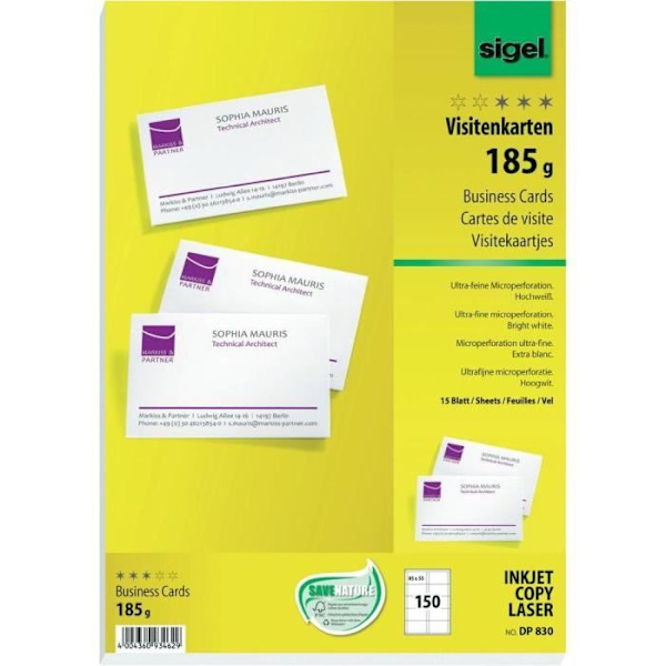 Visitkort - Sigel - DP830 - 150 st - A4 utskrivbara - 85x55 mm - 185 gm² Vit