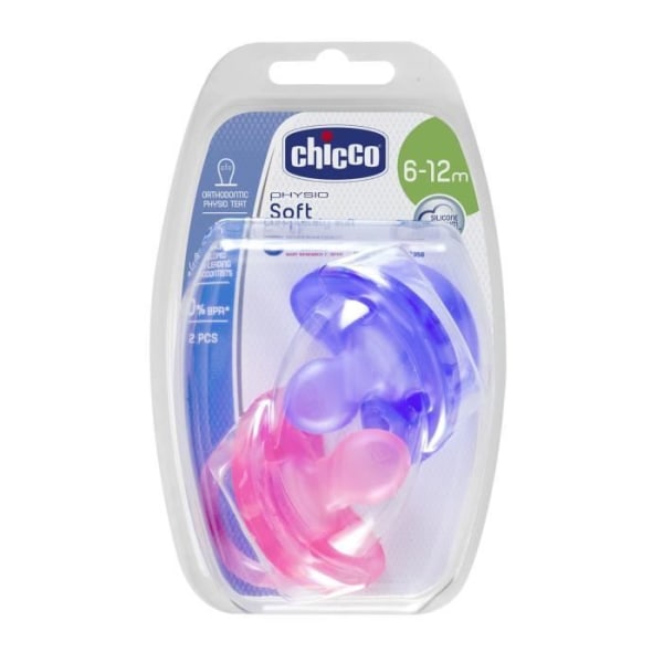 CHICCO Physio Soft "all silikon" nappar - x2 - Rosa &amp; lila - 6-12m - Blister
