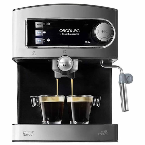Kaffemaskin Cecotec Espresso Power Espresso 20. Tryck 20 bar, 1,5 L tank, Dubbel utgångsarm, Ångmunstycke, Bricka Rostfritt stål och svart