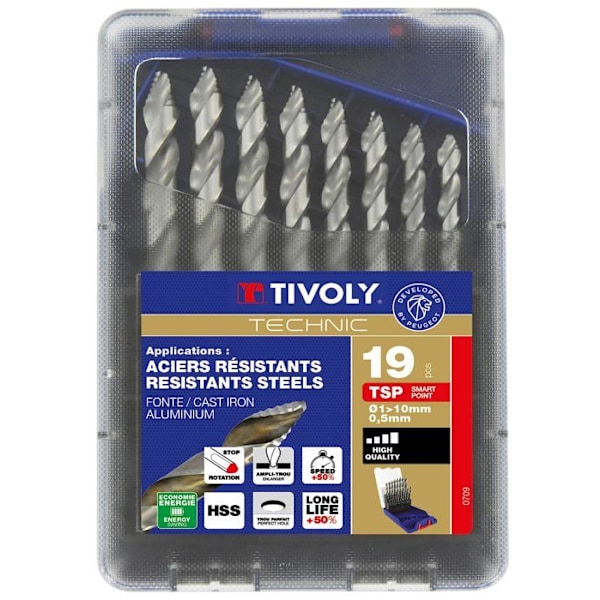 Tivoly handverktygspaket - 11457070015 - Kartong med 19 TSP HSS metallborrar slipskiva storlek - Smart Point-slipning 1 till 10 mm