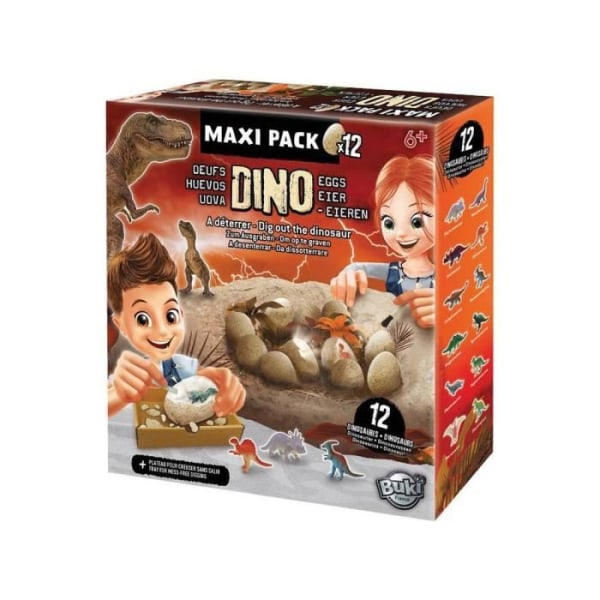 Dino Egg Maxi Pack Buki Box - 12 dinosaurier - Utgrävningsverktyg - Bricka - Affisch