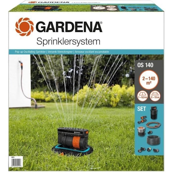 OS140 infällbar oscillerande sprinklersats - GARDENA - Yta 140m² - Räckvidd 15m max - Rektangulär vattning Grå och orange