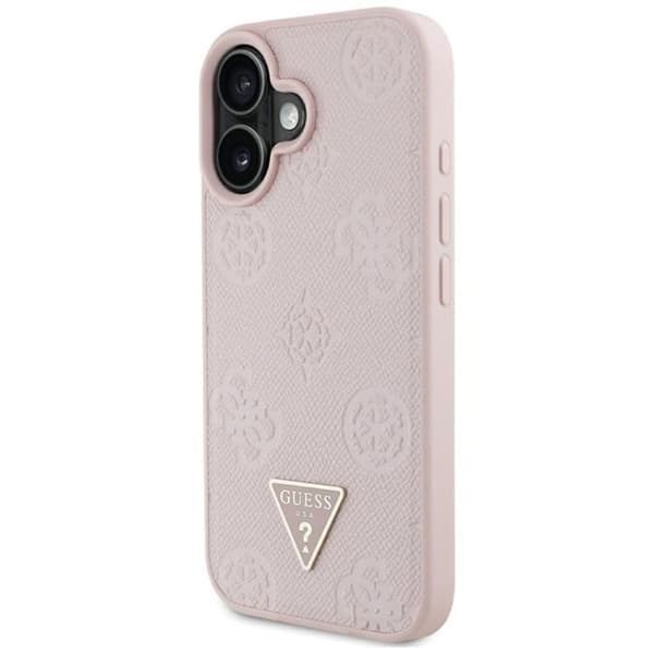 Coque Guess Grained Hot Stamp Peony Triangle Logo MagSafe för iPhone 16 (rosa)