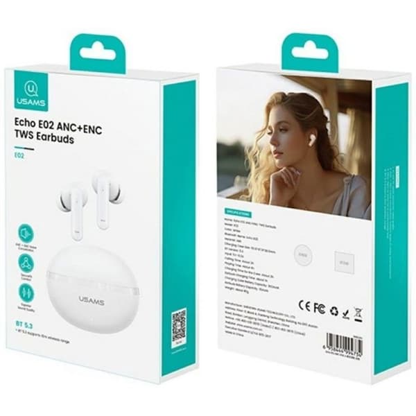 Bluetooth-hörlurar - USAMS - Echo E02 - ANC+ENC - In-ear - Trådlös - Vit Vit