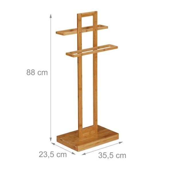 Relaxdays Fristående handdukshängare, bambuställning, 2 armar, badrum, robust, HxBxD 88 x 35,5 x 23,5 cm, natur ljusbrun