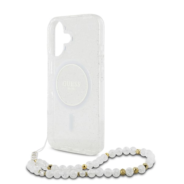 Coque Guess IML Glitter med pärlemorarmband MagSafe för iPhone 16 Plus (transparent)