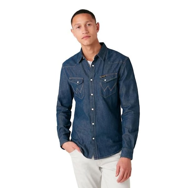 Western Skjorta - Wrangler - Blå Denim - Slim - Långa Ärmar - 100% Bomull Blå jag