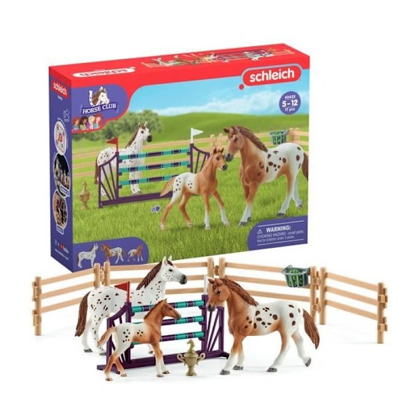 Träning för Horse Club-tävlingen, schleich box set med 17 element ingår inklusive 3 schleich hästar, figurbox set för Flerfärgad