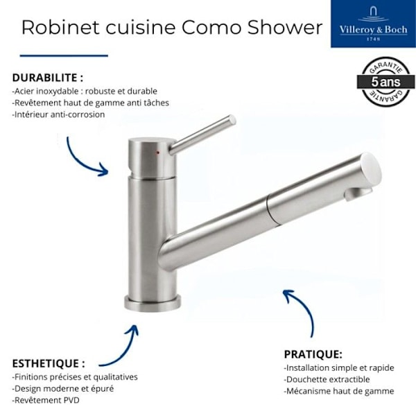 Villeroy & Boch Como Duschköksblandare med utdragbar spray i rostfritt stål