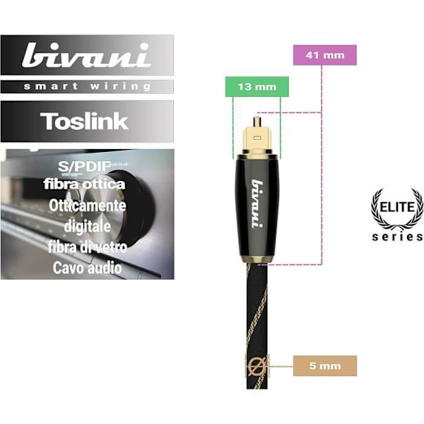 Fiberoptisk Kabel - Bivani - Elite - 5m - Toslink Hane - Guldpläterad - Trefaldigt Skärmad Nylon