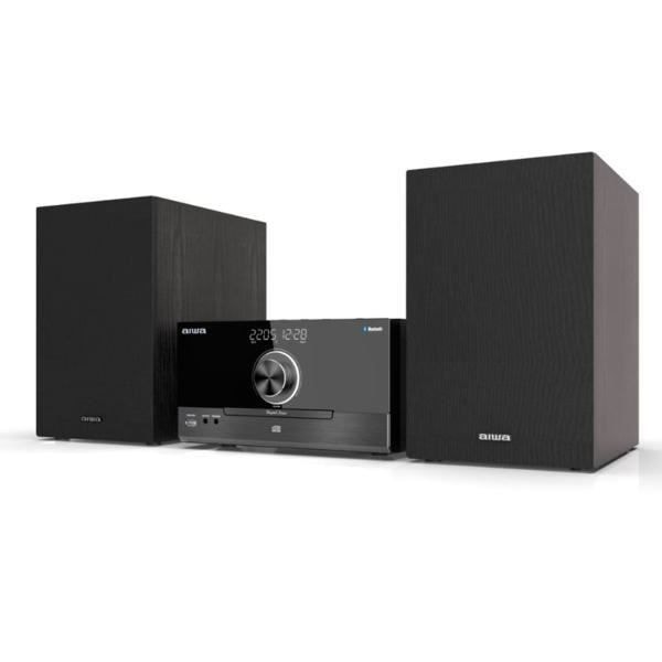 Mikrosystem med aiwa MSBTU-600 svarta högtalare med 100 W effekt, CD-spelare och FM-radiofunktioner, anslutningar: Svart