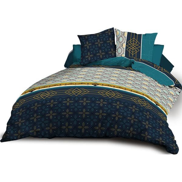 Påslakan 240x260 + 2 örngott - Microfiber - Biarritz Blå, Guld, Vit
