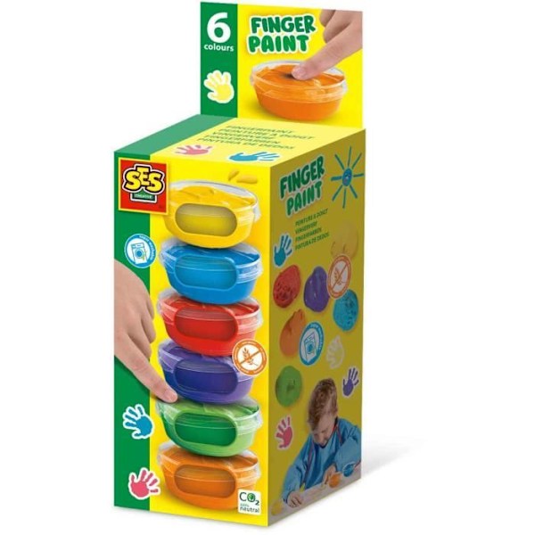 Fingerfärg 6 färger x 45ml - SES CREATIVE - Färgintensitet och enkel tvätt. Flerfärgad