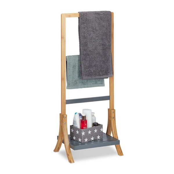Relaxdays Handdukshållare på fot, Stödför handdukar, 3 stänger, bambuförvaring, 103x41x28 cm, natur ljusbrun, grå