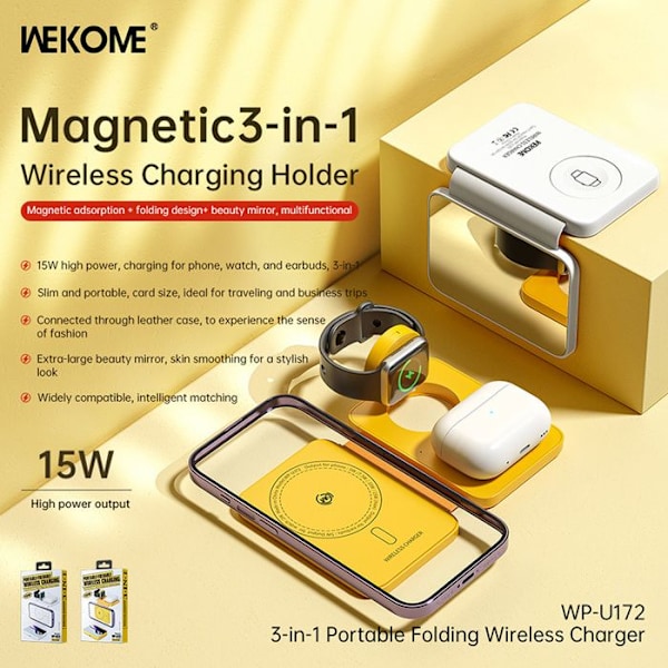 WEKOME WP-U172 - Trådlös 3-i-1 laddare med MagSafe för iPhone, Apple Watch och AirPods + Spegel (Gul)