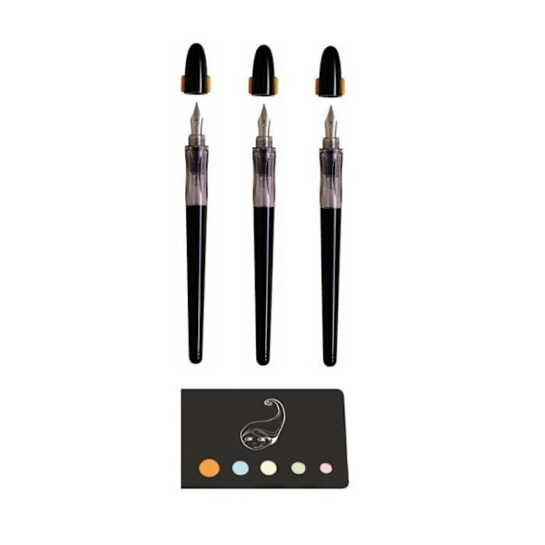 Set med 3 Plumix Calligraphy reservoarpennor 1 bred spets + 1 medium spets + 1 fin spets + 1 Blumie självhäftande index Svart Blå Gul