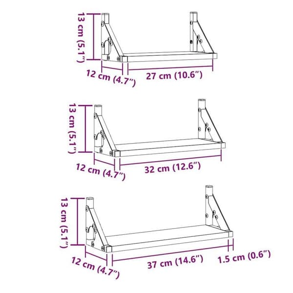 Väggmonterad hylla - vidaXL - Rökig ek - Rektangulär - 37x12x13 cm - Set om 3 stycken - Montering krävs