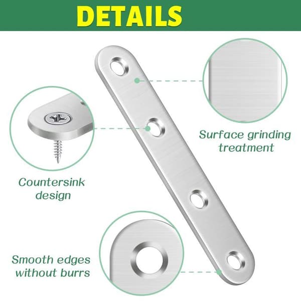 Bolatus - B005 - Set med 10 raka stöder (50 x 16 x 2 mm) i rostfritt stål med hål för trä.