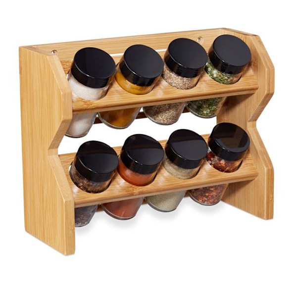 Relaxdays Bamboo Spice Rack, 8 glasburkar, Spice Display, 2-våningsorganisator, förvaring, natur brun ljus, transparent, svart