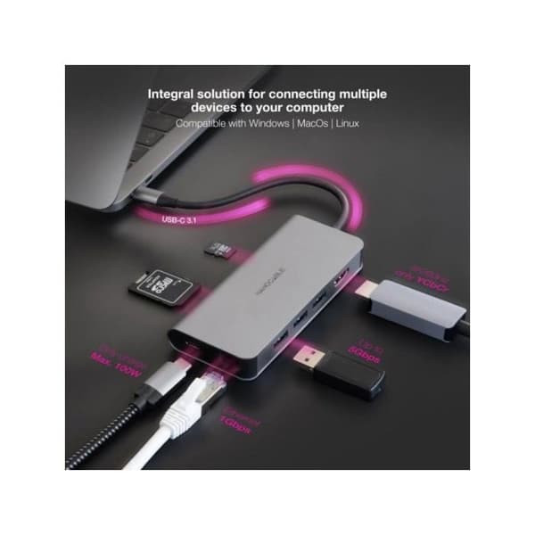 Dockningsstation - NANO KABEL - Typ-C 8 i 1 - 3xUSB-A - HDMI 4K - RJ45 1 Gbps