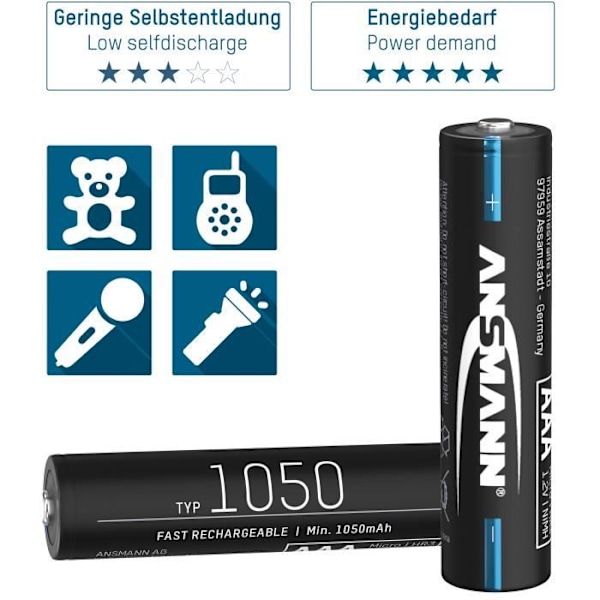 ANSMANN AAA 1050mAh NiMH 1,2V batteri - laddningsbart, hög kapacitet för fjärrstyrda fordon, mikrofon, instrument