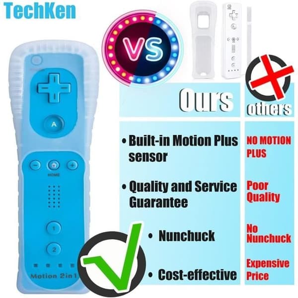 Spelkontroll - TechKen - 2-delad Wii-kontroll - Bluetooth - Vibration - Nunchuk ingår Blå, Röd