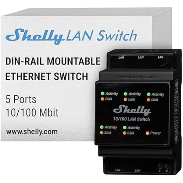 Interrupter LAN - SHELLY - LAN-switch - 5 portar RJ45 - Montering på DIN-skena - Inomhus