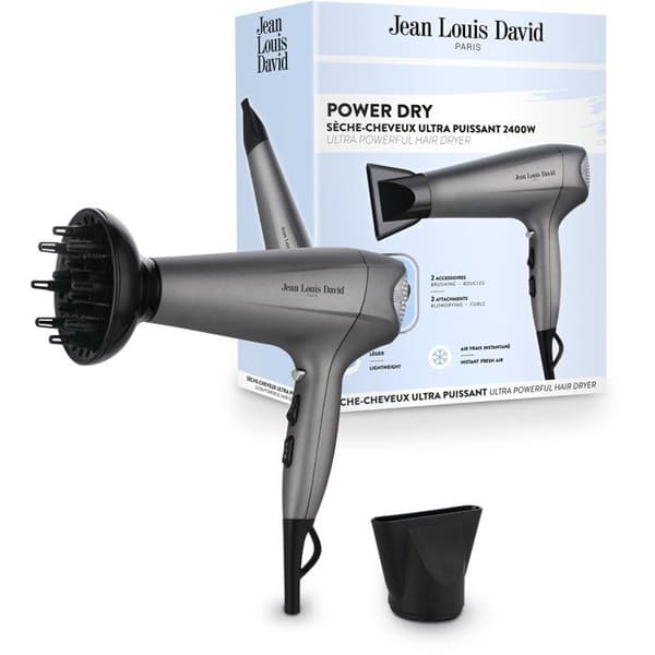 Hårfön - JEAN LOUIS DAVID - Power Dry - Diffuser - 3 temperaturer - 2400 W - Grå