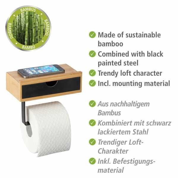 Bambusa väggmonterad toalettpappershållare i trä, toalettpappershållare med smartphonehållare och förvaringslåda, bambu, Brunt och svart