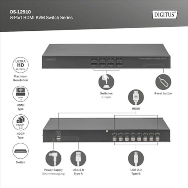 DIGITUS 8-portars HDMI KVM-switch - DDC-kommunikation - HDMI 1.4 - UltraHD 4k30Hz - USB-portar för mus och tangentbord -