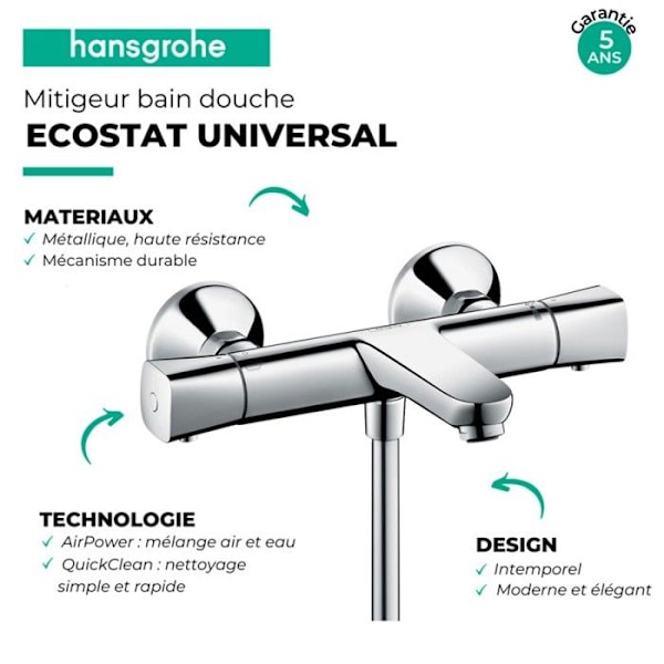 Väggmonterad termostatisk bad-duschblandare ECOSTAT UNIVERSAL - Krom