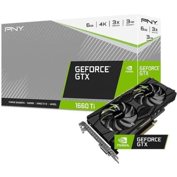 Grafikkort - PNY - GTX 1660 Ti XLR8 - Dubbel fläkt för spel - 6 GB - GDDR6 - PCIe 3.0 - HDMI / DP (VCG1660T6DFPPB) Svart
