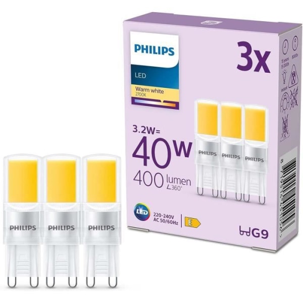 Philips, paket med 3 G9 LED-lampor, 40W, varmvit ej dimbar