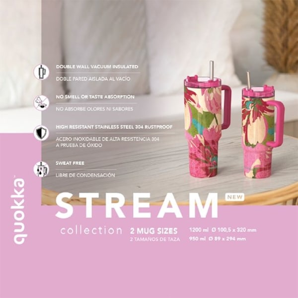 Isolerande kopp i rostfritt stål 1200 ml med sugrör (Flower Dusk) Quokka Stream