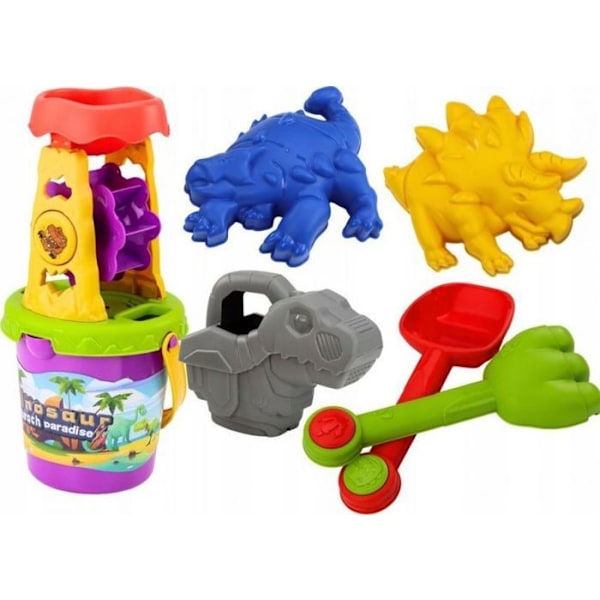 Sandlåda - sandpåse Leantoys sandset dinosauriebryggare tratt spatula räfsa vattenkanna formar