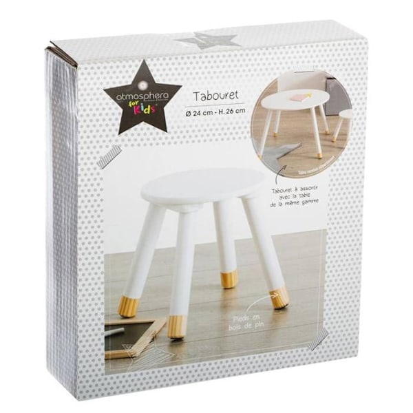 Trästoool - ATMOSPHERA - Vit - Diameter 24 cm - Höjd 26 cm - Modern design VIT
