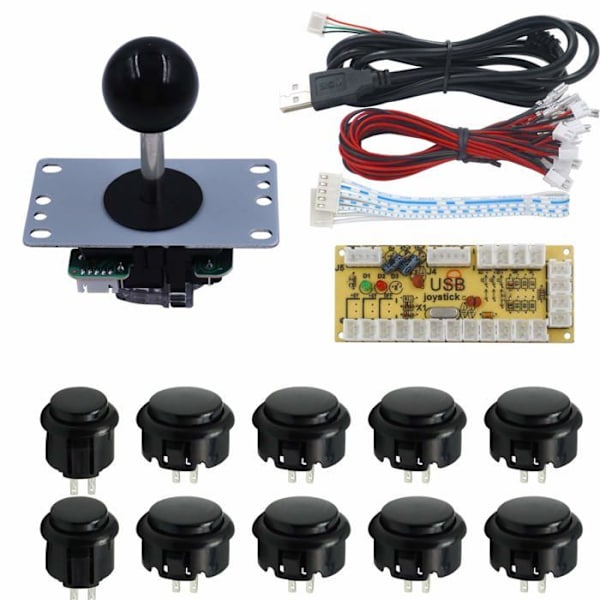 Sjjx - 822a - SJJX Zero Delay Arcade DIY Kit delar USB-kodare till PC Joystick 5Pin Rocker + 10st svarta tryckknappar svart
