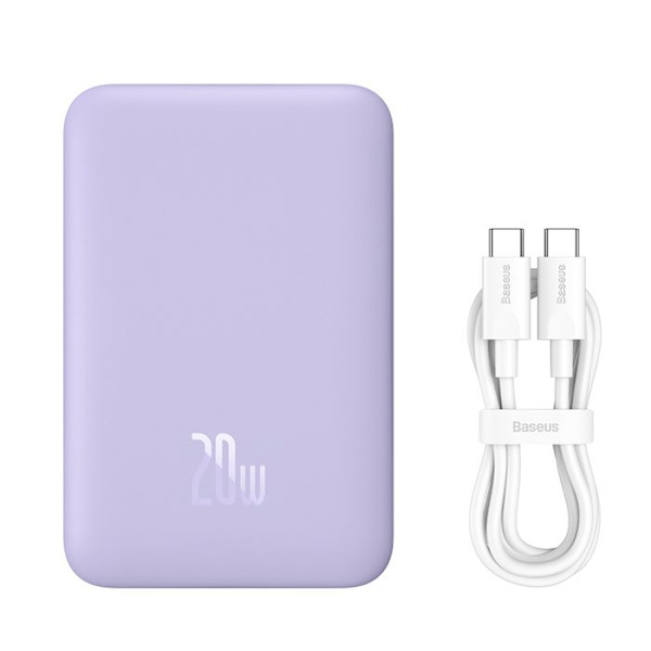 Baseus - Magnetic Mini externt batteri (PPCX110105) - USB-C, MagSafe, 10000mAh, 20W, med Type-C-kabel, 3A, 30cm - Lila