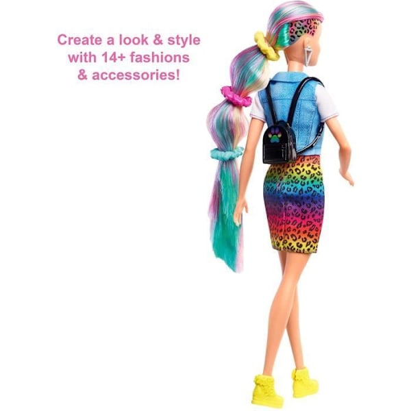 Barbie Doll - Mattel - GRN81 - Regnbåghår - Färgbyte - 16 tillbehör ingår Regnbåge, Leopard