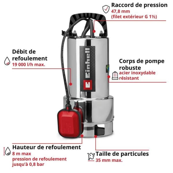 Einhell avloppspump för smutsvatten GC-DP 7035 N ECO PLUS (700W, flöde 19 000 l/h, max. tryckhöjd 8 m) Grå