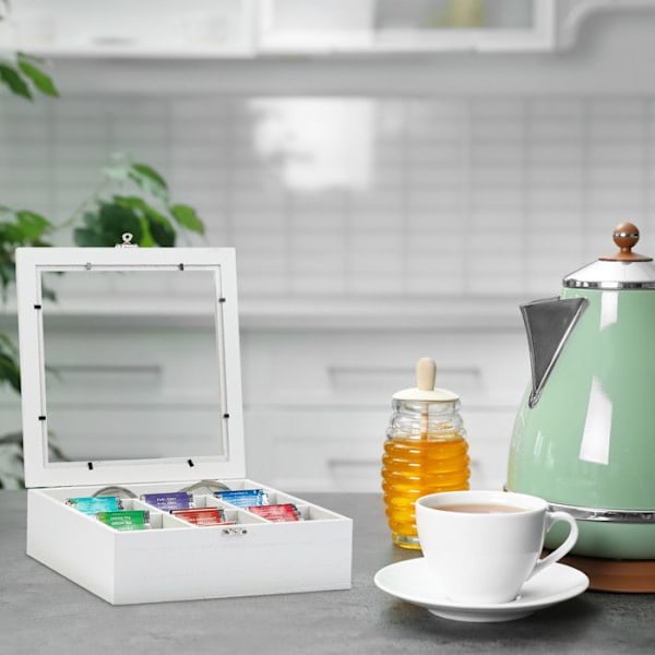 Relaxdays Te-box, trädeffekt, 7 fack för förvaring av tepåsar, presentkartong med fönster, HxBxD: 8x25x25,5 cm, vit vit, transparent, silver