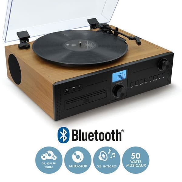 Bluetooth-mikro-stereokanal och skivspelare med träeffekt