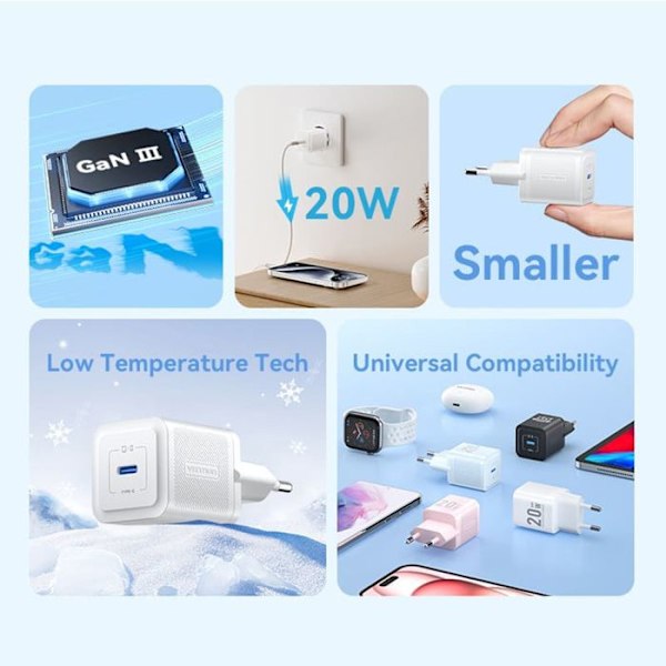 Laddare för EU-kontakt, GaN, 20W, Typ-C, Smart Charging - Vention (FEPB0-EU) - Svart